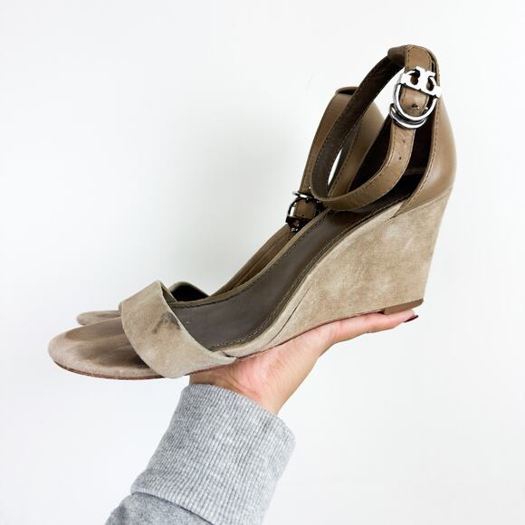 Tory Burch Thames Suede Leather Ankle Strap Wedge Sandals in Taupe Beige - 8 - Picture 5 of 10